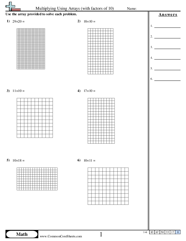 Multiplying using Arrays (with factors of 10) Worksheet - Multiplying using Arrays (with factors of 10) worksheet
